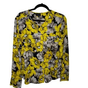 Who What Wear Womens XXL Yellow Black Floral Sheer Long Sleeve Button Up Blouse